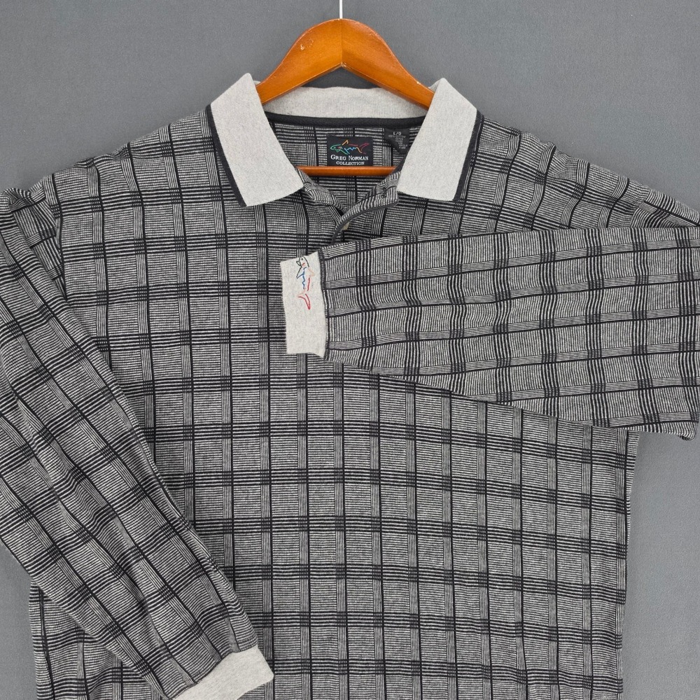 Greg Norman Collection Mens L Long Sleeve Polo Shirt Black Grey Grid Cotton